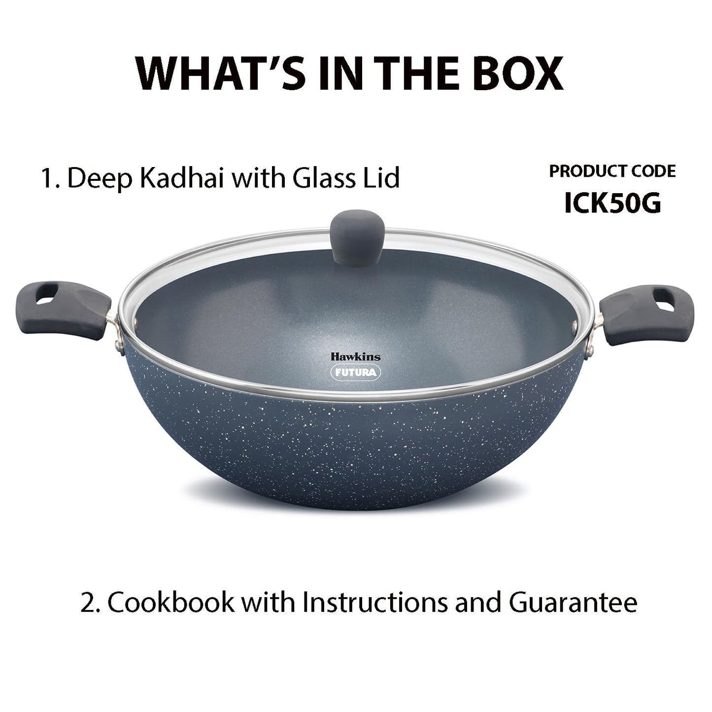 Hawkins Ceramic Nonstick 5 Litre Deep Kadhai, Induction Deep Fry Pan with Glass Lid, Granite Kadai (ICK50G)