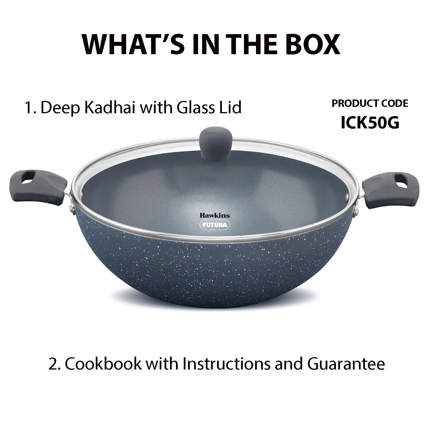 Hawkins Ceramic Nonstick 5 Litre Deep Kadhai, Induction Deep Fry Pan with Glass Lid, Granite Kadai (ICK50G)