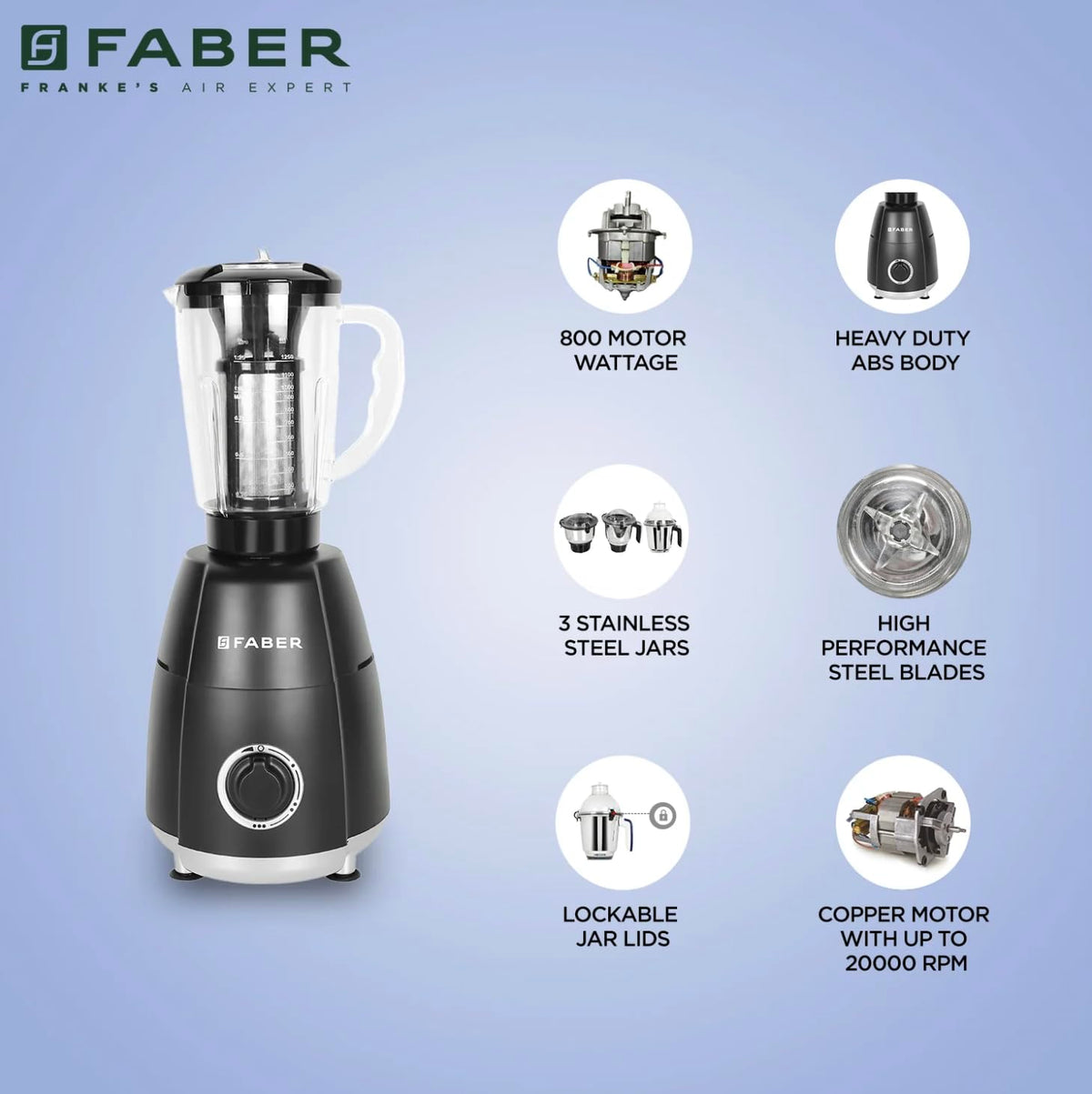 Faber Crown 800W Blender Mixer Grinder, 3 SS Clip Lock Jars + 1 PC jar || Low-Noise Copper Motor, up to 20000 RPM Speed 