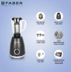 Faber Crown 800W Blender Mixer Grinder, 3 SS Clip Lock Jars + 1 PC jar || Low-Noise Copper Motor, up to 20000 RPM Speed 