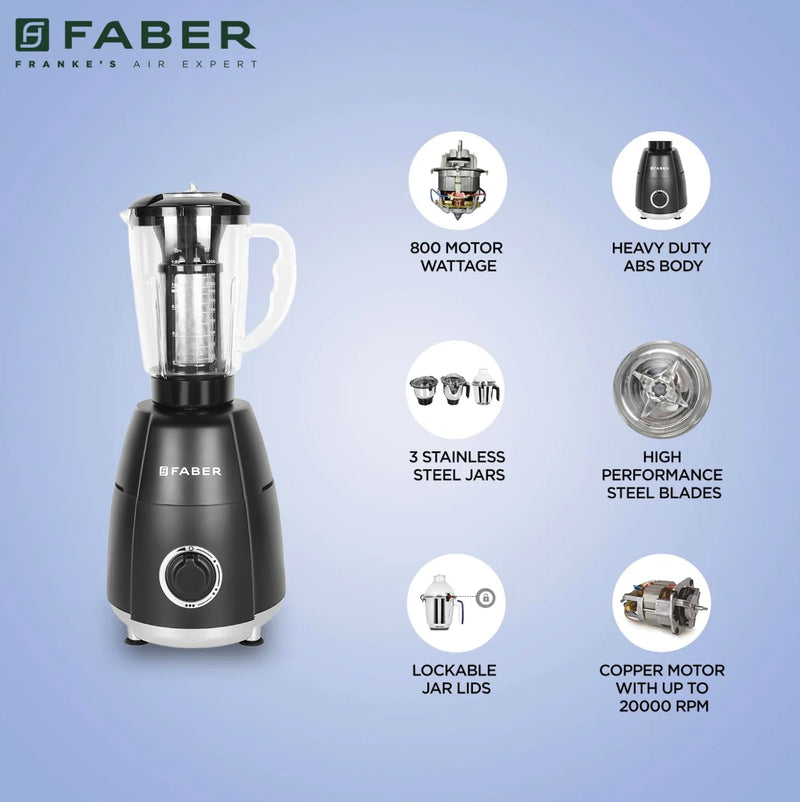 Faber Crown 800W Blender Mixer Grinder, 3 SS Clip Lock Jars + 1 PC jar || Low-Noise Copper Motor, up to 20000 RPM Speed 