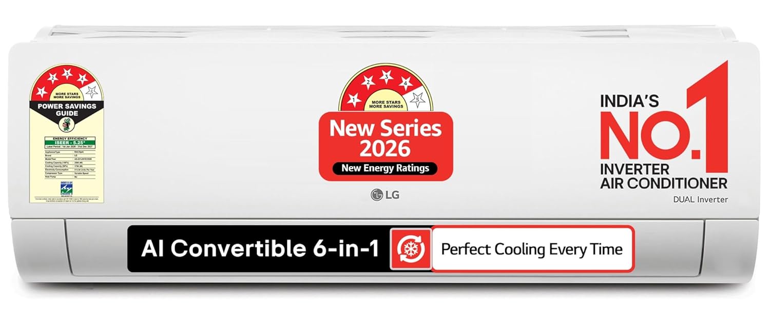 LG 1 Ton 4 Star DUAL Inverter Split AC (Copper, AI Convertible 6-in-1 Cooling, Faster Cooling & Energy Saving, 4 Way Swing, HD Filter with Anti-Virus Protection, 2026 Model, AS-Q13JNYE, White)