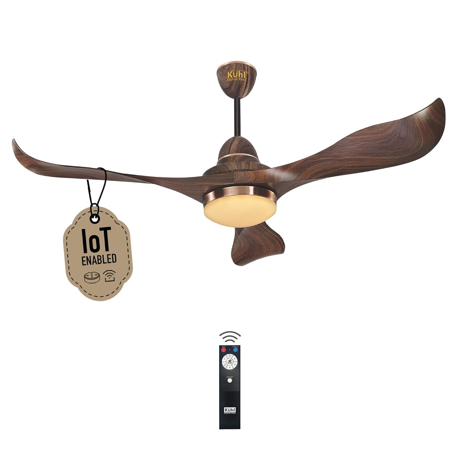 KUHL Glanz F3 1320mm Stylish Power Saving BLDC Ceiling Fan With Remote | Down Light | 30W | 5 Star | IoT - Operate Via Mobile&Alexa | Reverse Mode | Free Installation |Teak