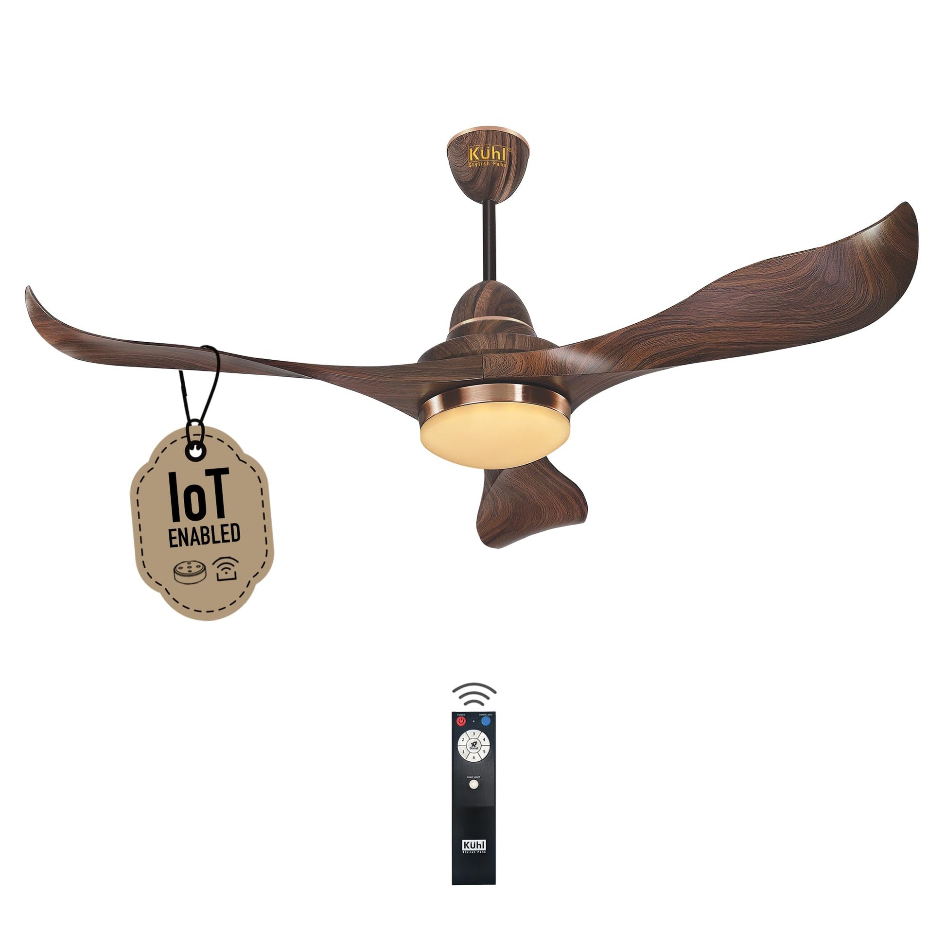 KUHL Twist L3 1320 mm 65% Power Saving BLDC Ceiling Fan | BEE 5 Star Rated & ISI Marked | High Air Flow |5YearWarranty on Motor By Brand |Free Installation | IoT – Operate via Mobile & Alexa | Teak