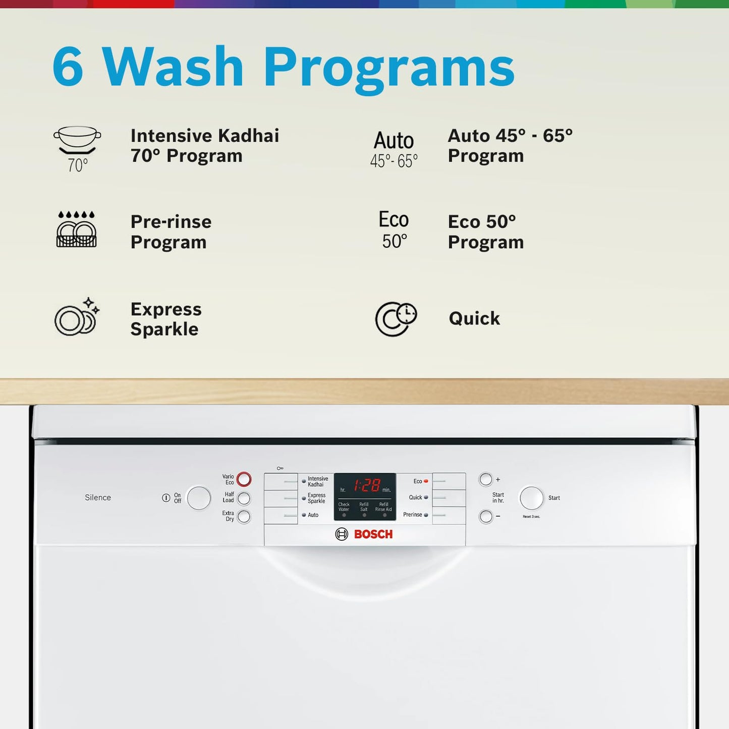 Bosch 13 Place Setting Dishwasher with Intensive Kadhai Program, No Pre-Rinse, 70⁰ Hot water wash, Half Load Option & Extra Cutlery Box - (SMS66GW01I, White, Glass Protection Technology)