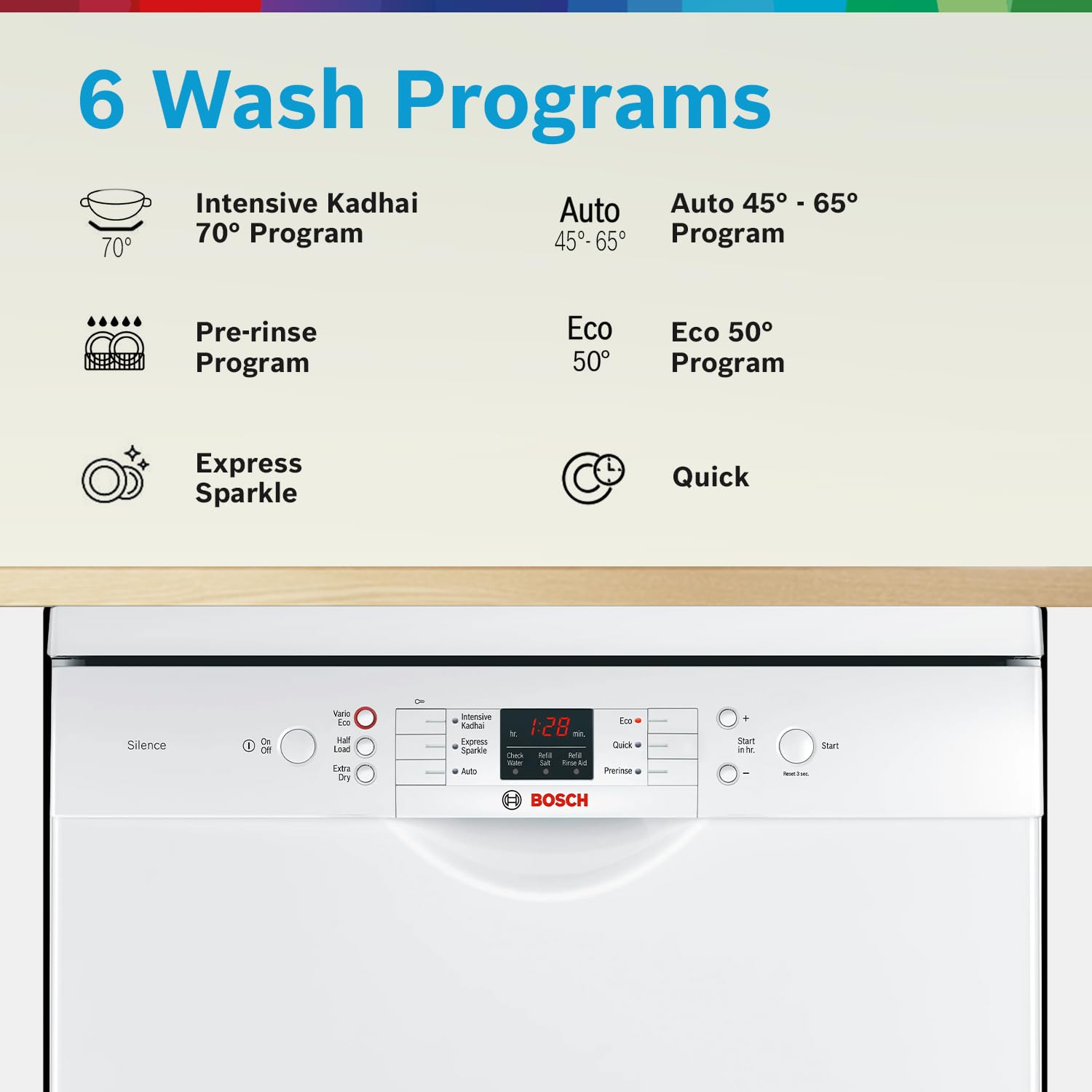 Bosch 13 Place Setting Dishwasher with Intensive Kadhai Program, No Pre-Rinse, 70⁰ Hot water wash, Half Load Option & Extra Cutlery Box - (SMS66GW01I, White, Glass Protection Technology)