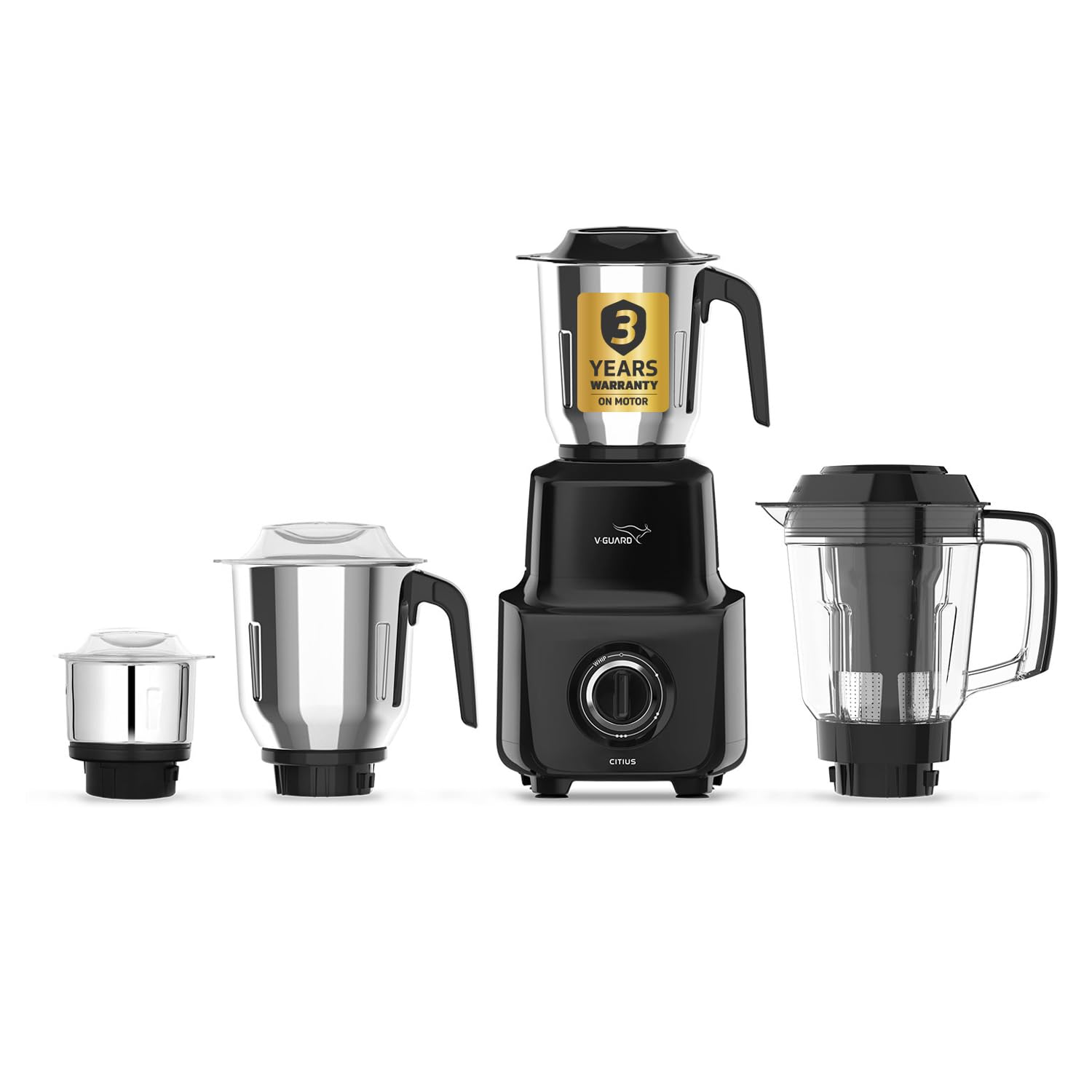 V-Guard Citius 750 Watt Juicer Mixer Grinder (New Launch) |3 Year Motor Coverage by V-Guard | 4 Jars | Juicer, Wet, Chutney & Dry| Sturdy Juicer Jar | Precision Blend SS Blades | Black