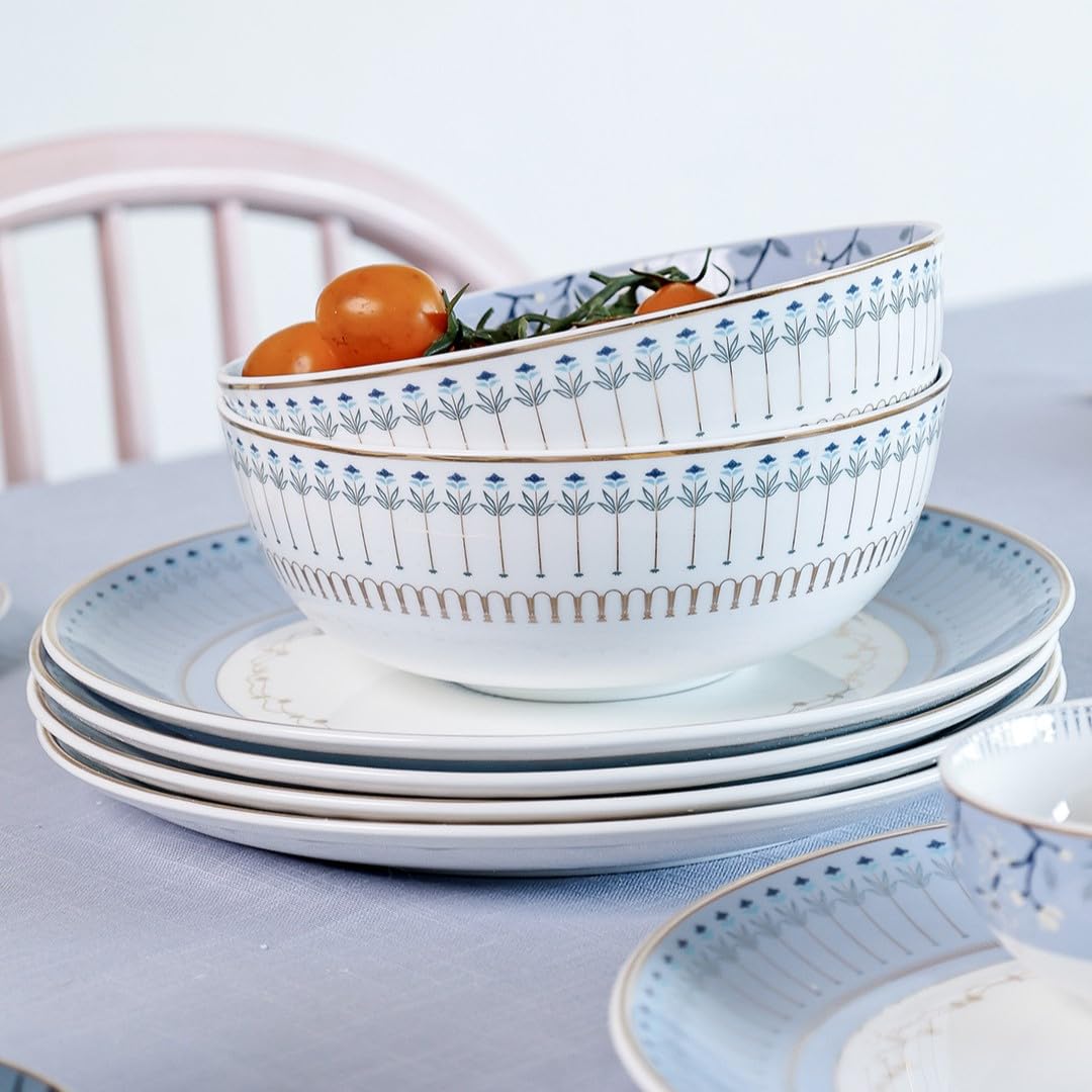 Magique by The Wishing Chair x ClayCraft : River of Flowers 20-Piece Ceramic Dinner Set with Gold | Floral Plates & Bowls | Elegant Glossy Finish | Perfect for Family Dinners | Festive Gifting