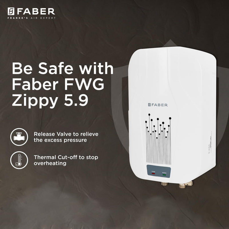 Faber Zippy Instant Geyser 5.9 Litre| 3000W | Free Pipe & Installation | Energy Efficient |5Yr Tank, 3Yr Heating Element