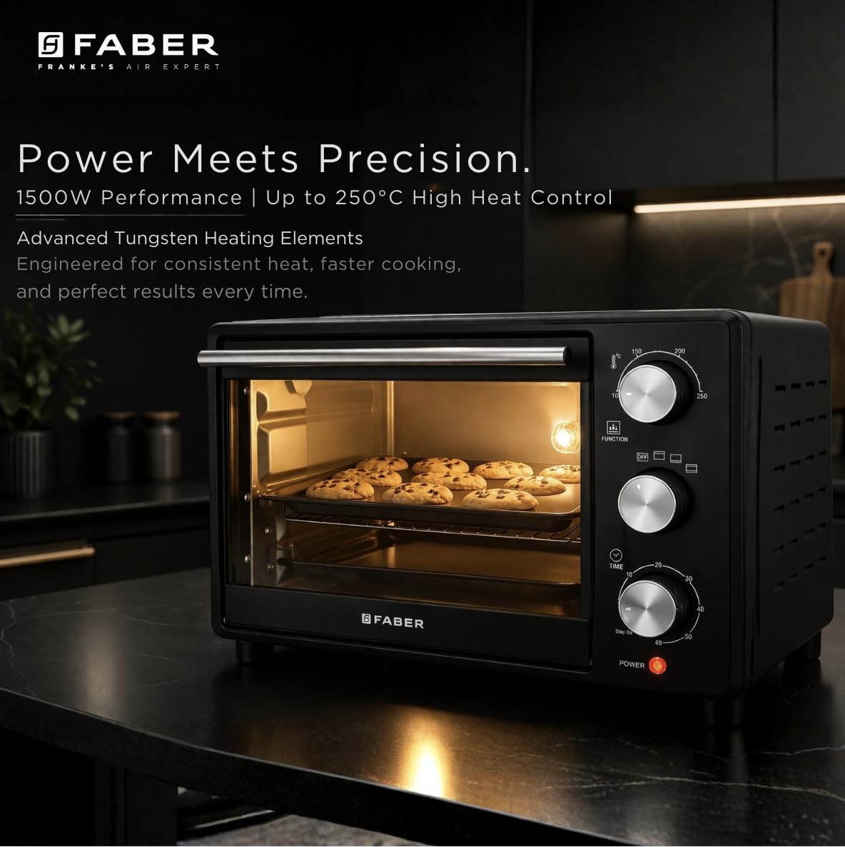 Faber FOTG 24L Neo|1500 Watts OTG|Bake,Toast, Grill| 4 Stage Functions,Upper & Lower Heating|Cool-Touch Handle, Heat Resistant Glass, Indicator Light, Auto-Shut, Ready Bell| Removable Crumb Tray