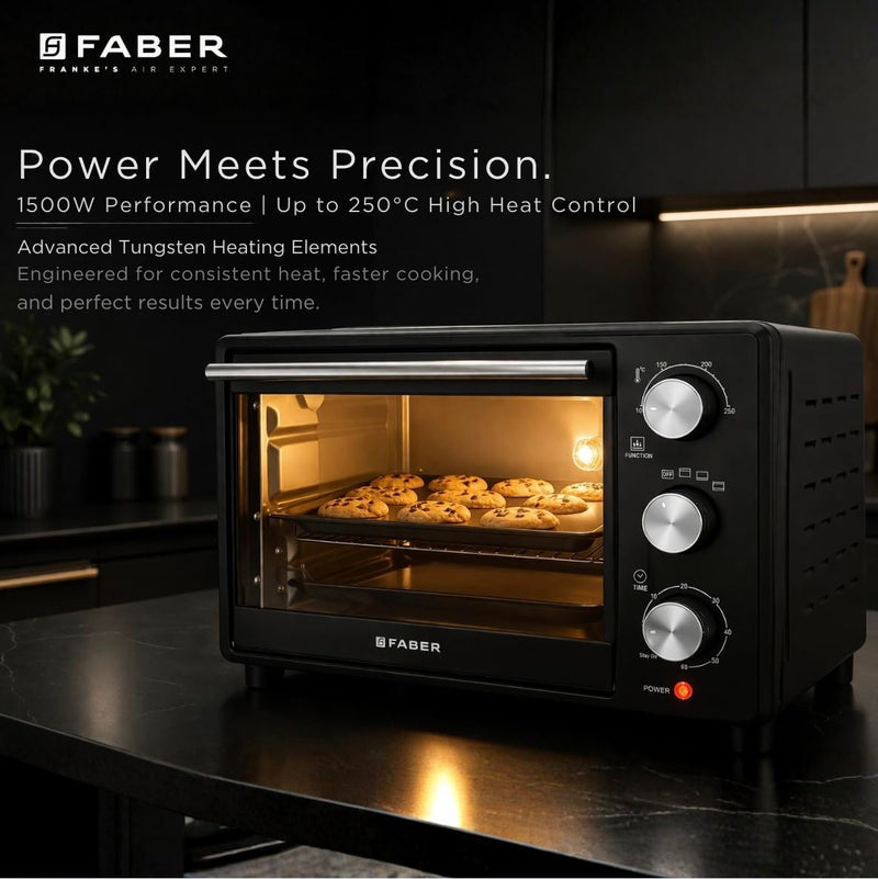 Faber FOTG 24L Neo|1500 Watts OTG|Bake,Toast, Grill| 4 Stage Functions,Upper & Lower Heating|Cool-Touch Handle, Heat Resistant Glass, Indicator Light, Auto-Shut, Ready Bell| Removable Crumb Tray