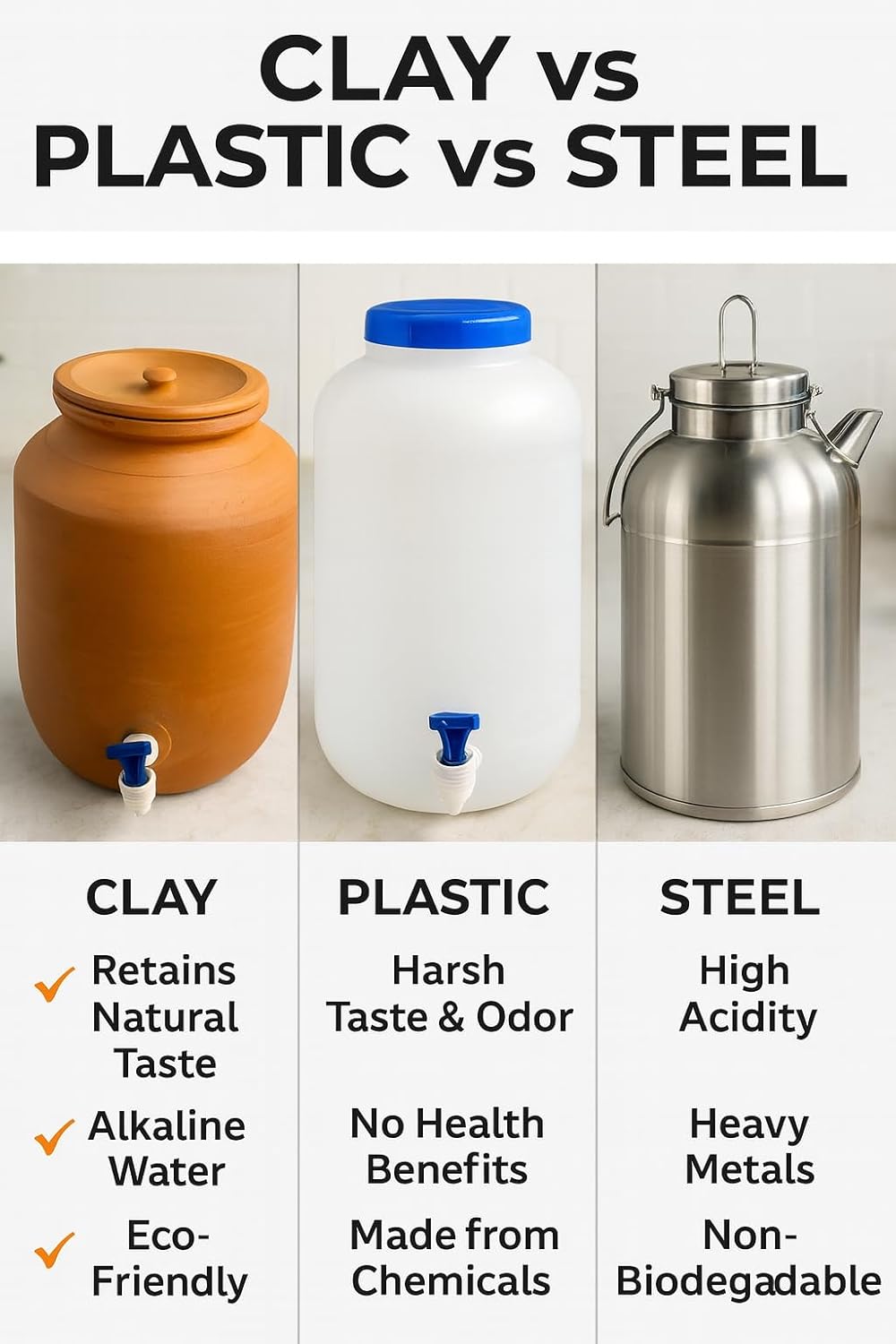 Clay Water Camper with 2 Glass Containers, Traditional Matka Style Earthen Dispenser, Handmade Natural Clay Pot for Drinking Water, Cool Water Storage Jug for Home, Kitchen (10, litres)