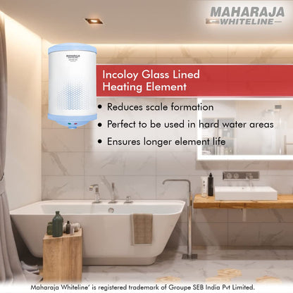 Maharaja Whiteline Warmist Neo Storage Wall Mount Water Heater,25 Litre,Glasslined Coating,Rust&Shock Proof Abs Body,Blue&White Color,Free Installation,Free Connection Pipes - Warmist Neo/Wh-166