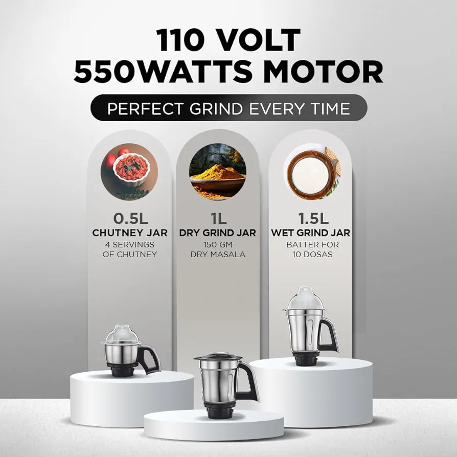 Preethi Steele 110V Mixer Grinder for Kitchen | 3 Jar, 550W Mixie| Perfect for Grinding | Silver/Black  - Only use in USA & Canada