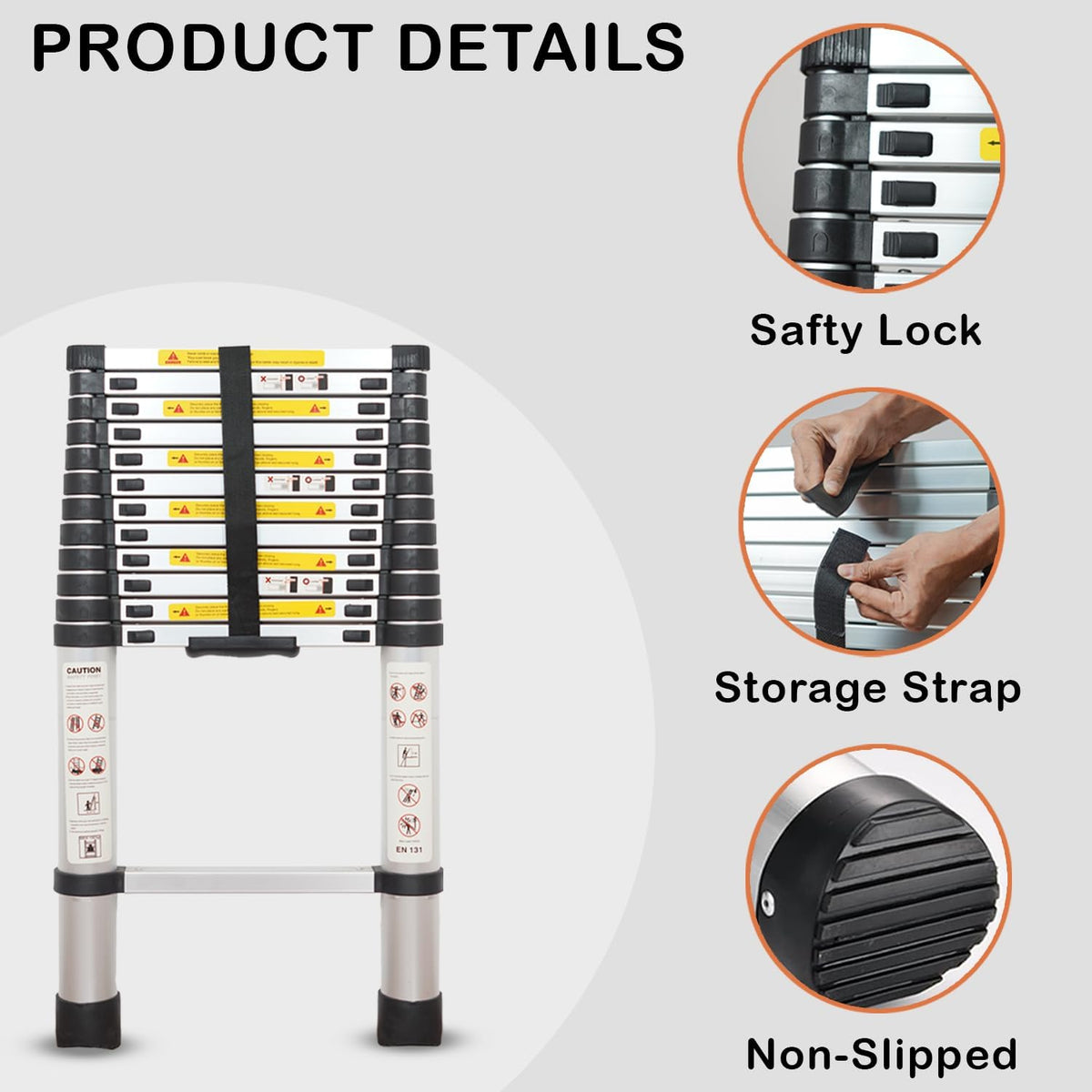 HOUZA 3.9m (13 ft) Steel Telescopic Ladder | 10-Step Foldable Extension Ladder | Portable & Collapsible Ladder for Home, Industrial & Outdoor Use | EN131 Certified | 1 Year Warranty(Silver & Black)
