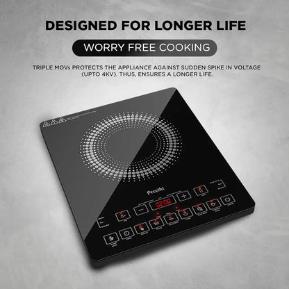 Preethi Indicook IC125 Induction Cooktop, 2100-Watt Electric Stove with Feather Touch Operation and Crystal Glass 