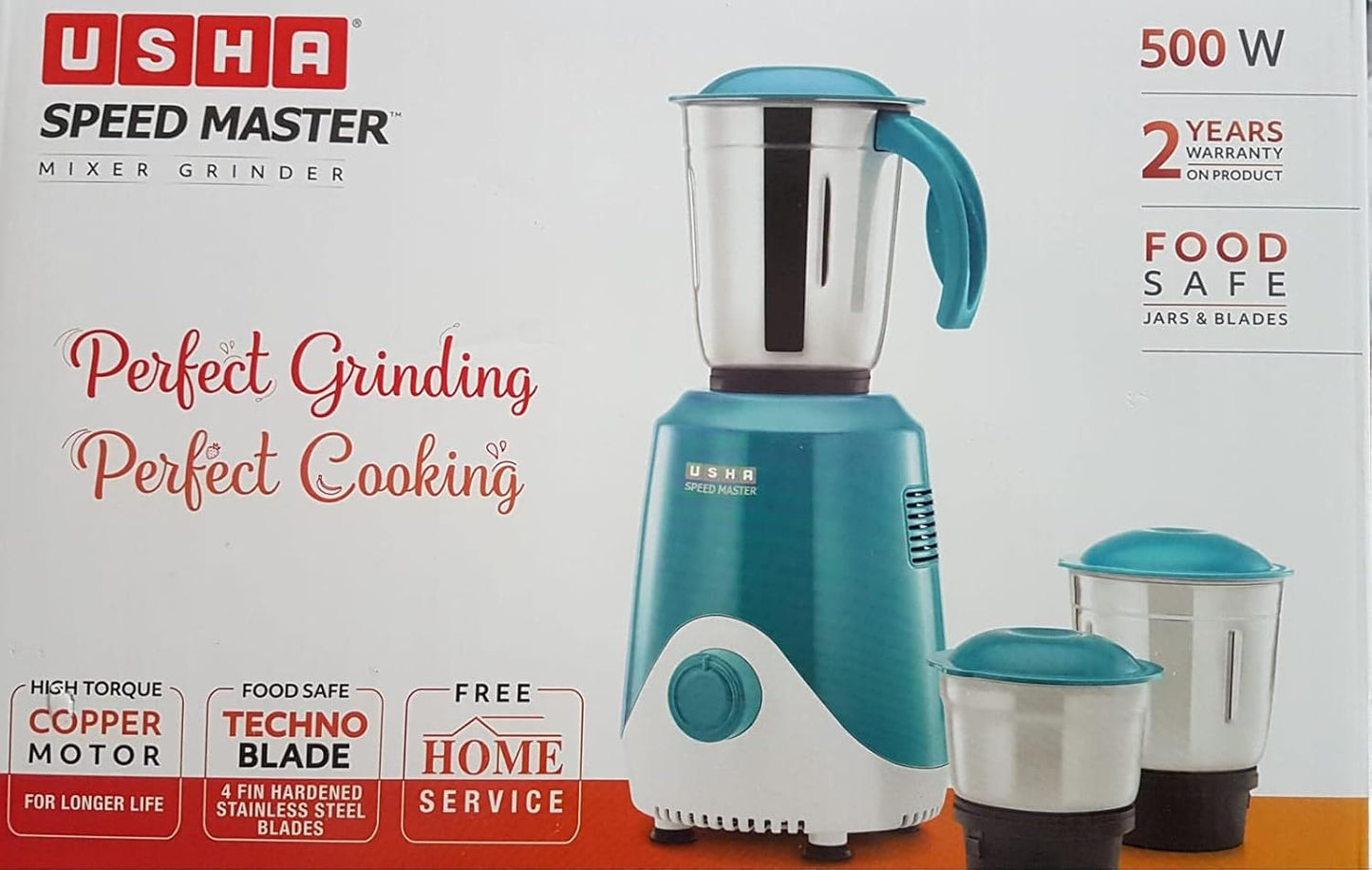USHA Speed Master 500W with 3 Jars, 100% Copper Motor, 4-fin techno blades for finer grinding, SS Jars with flow breakers, 20000+ RPM, 5 Years Warranty on Motor (Blue and White)