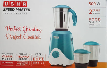 USHA Speed Master 500W with 3 Jars, 100% Copper Motor, 4-fin techno blades for finer grinding, SS Jars with flow breakers, 20000+ RPM, 5 Years Warranty on Motor (Blue and White)