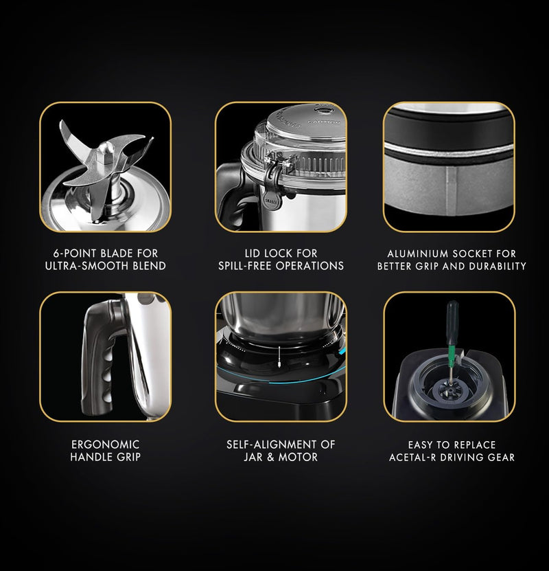 Sujata MG01 Mixer Grinder|1000 Watts Double Ball Bearing Motor|24000 RPM| Non-Stop 90 Mins Running|3 Jars including 1750ml Blender, 1000ml Grinder, 500ml Chutney Jar| (Black)