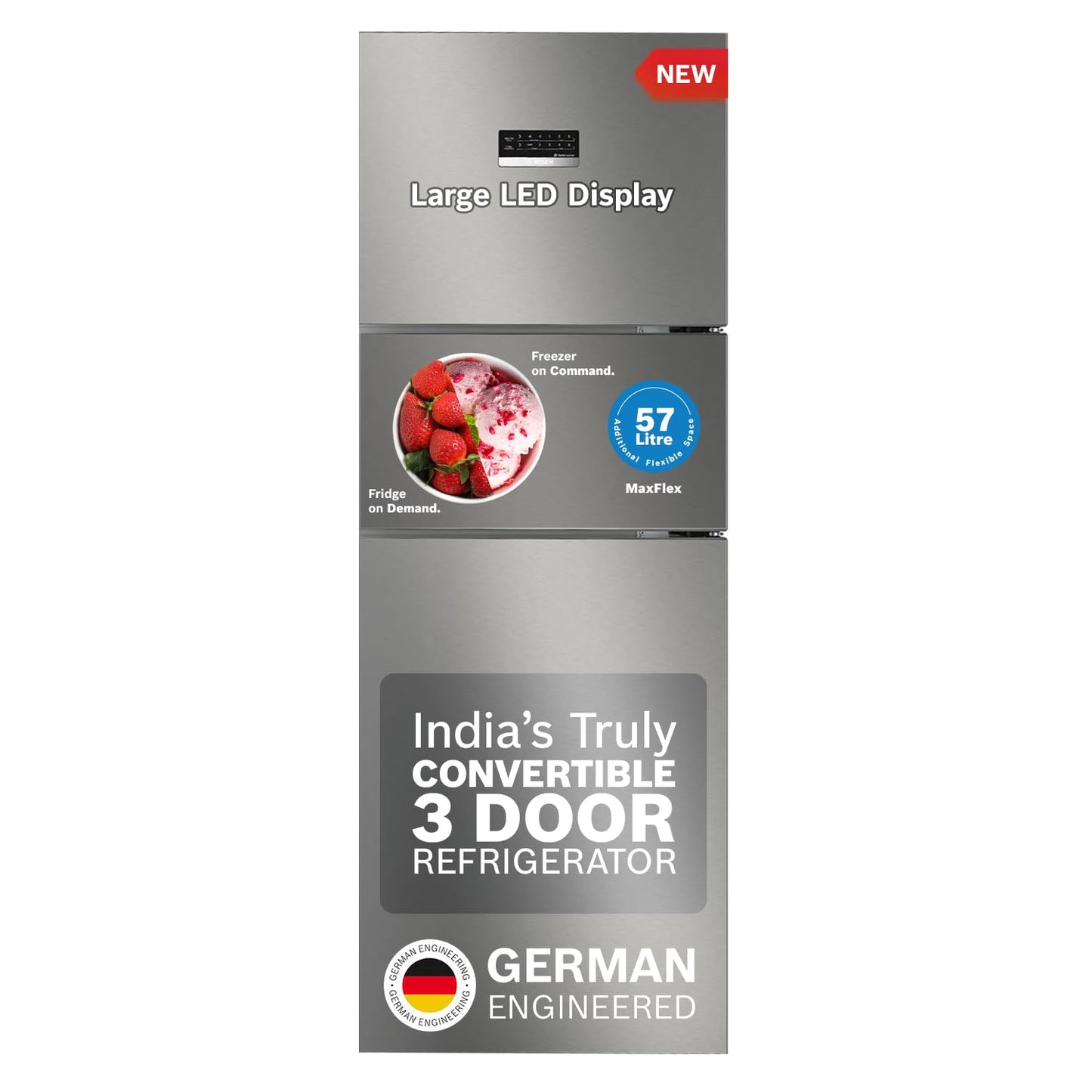 BOSCH MaxFlex Convert 335L, 3 Star Inverter Frost Free Triple Door Refrigerator (2024 Model, CMC36K03NI, 8-in-1 Convertible, UV Protected Body Shield, VitaFresh Technology, Adaptive UI, Smoky Steel)