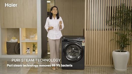 Haier 8 kg 5 Star Powered by AI-DBT with PuriSteam, 525mm Super Drum Fully Automatic Front Load Washing Machine (HW80-IM12929C, Inverter Motor with In-Built Heater, White)
