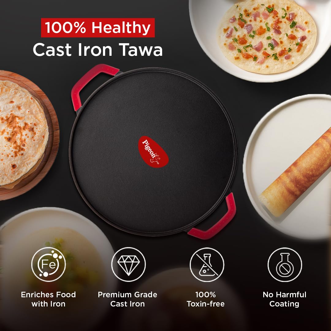 Pigeon by Stovekraft Pre-Seasoned Cast Iron Tawa 30 cm | Pre-Seasoned with 100% Vegetable Oil | Naturally Nonstick | Hig