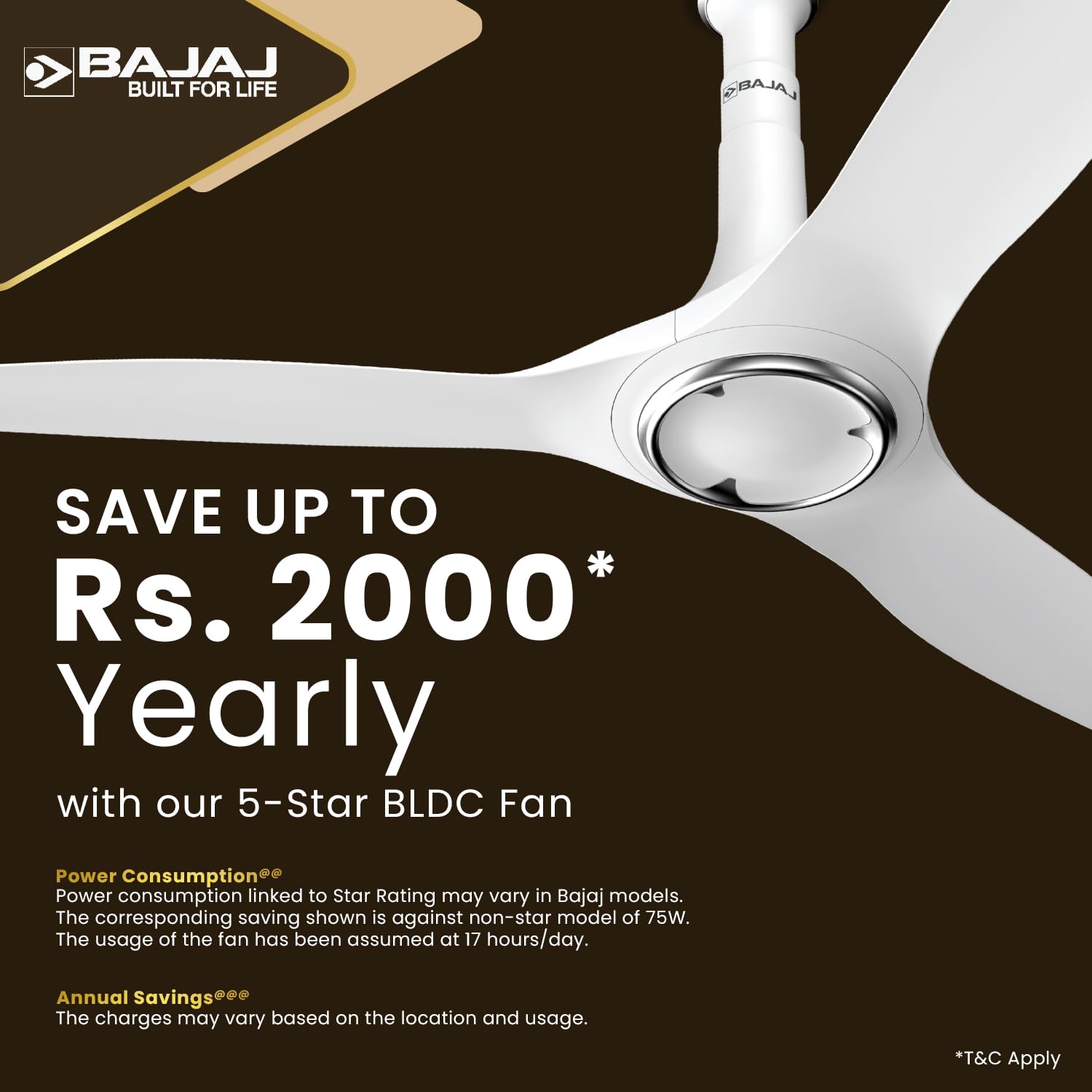 Bajaj Arioso 12DC5R 1200MM Silent Abs BLDC Ceiling Fan For Home | 5 Starrated Energy Efficient | Remote Control | High Air Delivery, Silent Operation | Unique Adjustable Canopy 【White & Chrome】