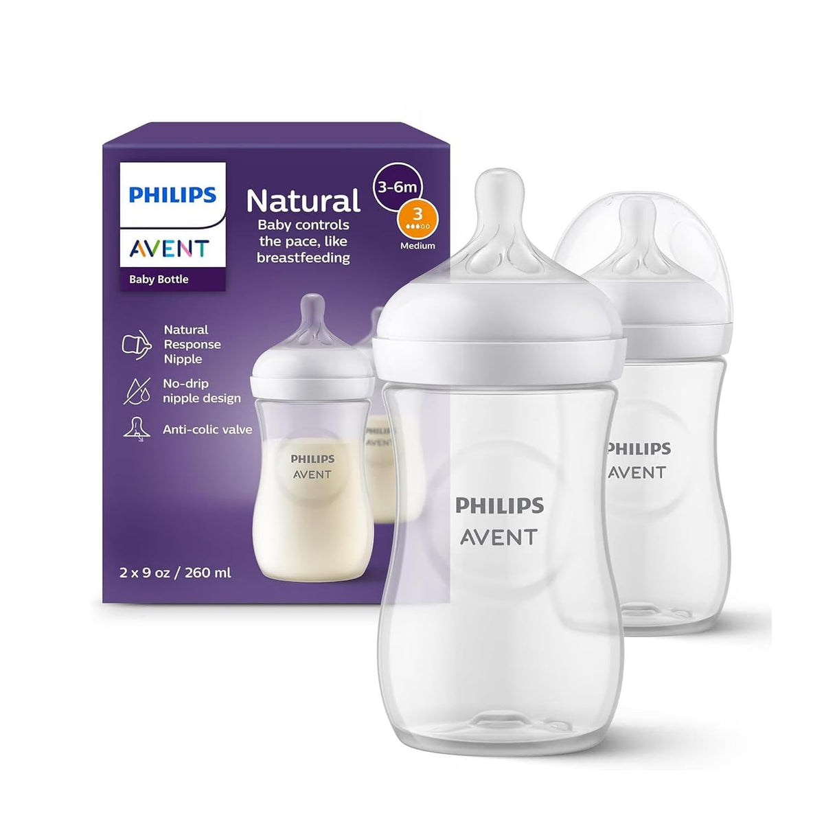 Philips Avent Natural Response Baby Feeding Bottle - 260Ml Baby Milk Bottle Pack of 2, Bpa Free for Babies 3-6 Months, SCY903/02