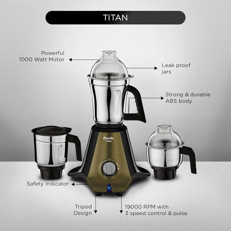 Preethi Titan Mixer Grinder for Kitchen | 3 Jars 1000W Mixie| Black  Plastic
