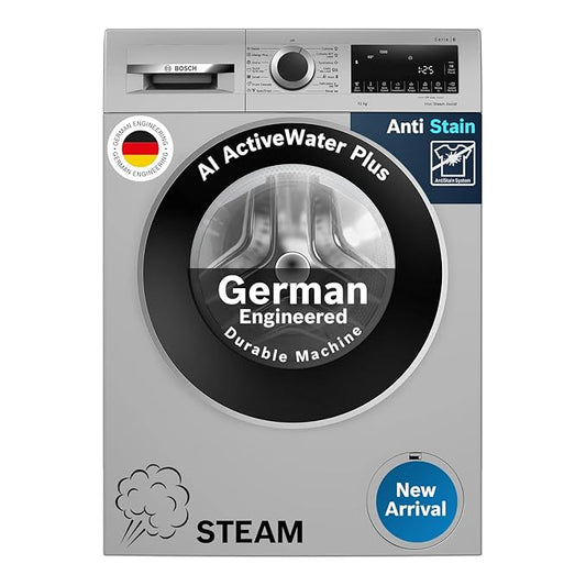 Bosch 10kg 5 Star Anti Stain & AI Active Water Plus Fully Automatic Front Load Washing Machine with Built in Heater (WGA252ZSIN, Pretreatment & Allergy Plus, Silver)