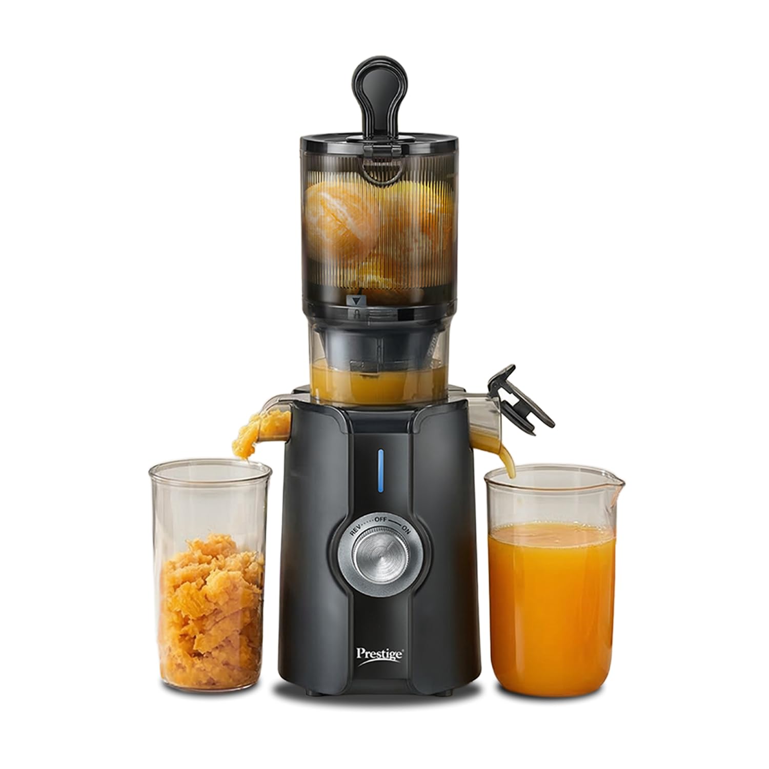 Prestige Natura 200W Cold Press Slow Juicer | 105mm Wide Chute | Interlocking Safety | Reverse Function | Juice and Pulp Collectors | Quiet Operation | Easy to Clean | Black | 2 Year Warranty