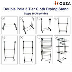 HOUZA Premium Stainless Steel Clothes Drying Stand with Wheels | 3 Layer Foldable Cloth Dryer Stand/Rack for Household, Balcony, Indoor & Outdoor | Portable & Rustproof- Blue