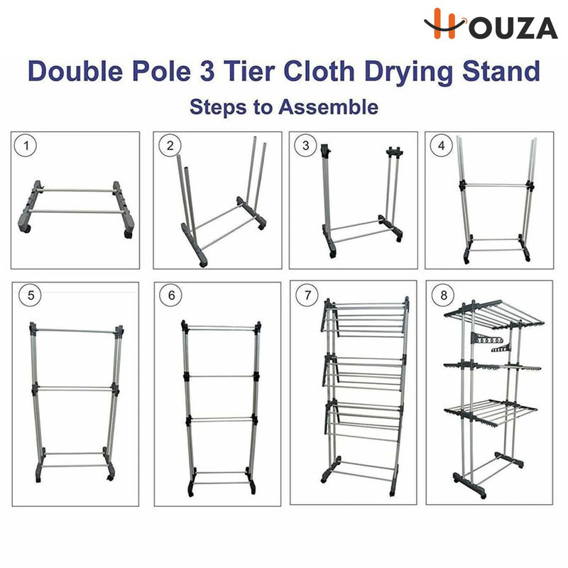 HOUZA Premium Stainless Steel Clothes Drying Stand with Wheels | 3 Layer Foldable Cloth Dryer Stand/Rack for Household, Balcony, Indoor & Outdoor | Portable & Rustproof- Blue