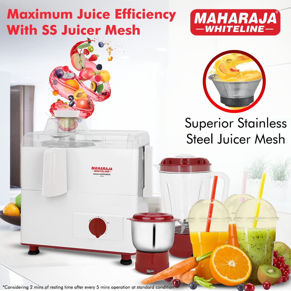 Maharaja Whiteline Gala Happiness Juicer Mixer Grinder With 2 Jars | Long Lasting Performance With 450 Watts| Food Grade Safe | High Grade Mesh For Efficient Juicing | 2 Year Warranty (White)