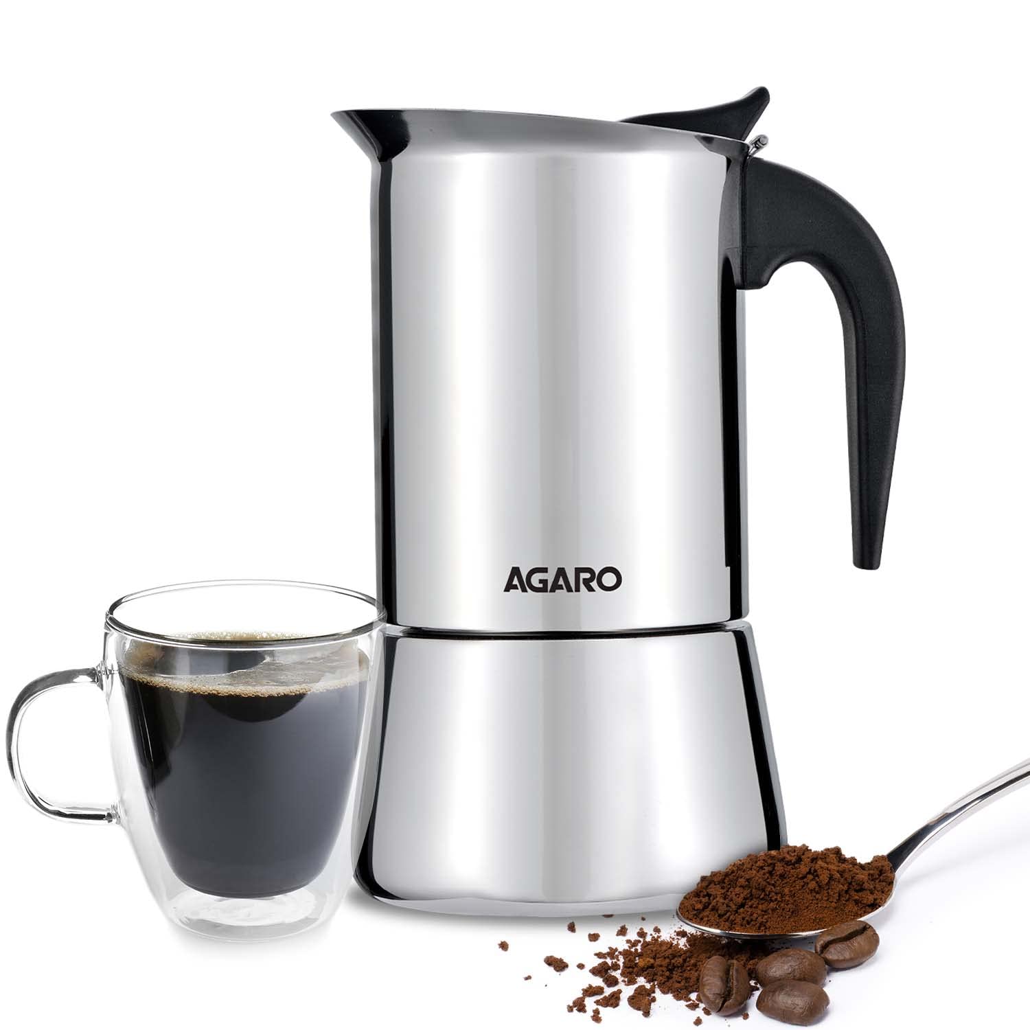 AGARO Classic Moka Pot, Stovetop, Espresso Coffee Maker, 240 Ml, Premium Aluminium Built, Italian Style Mocha, Cuban Café Brewing, Black