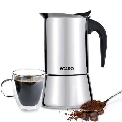 AGARO Classic Moka Pot, Stovetop, Espresso Coffee Maker, 240 Ml, Premium Aluminium Built, Italian Style Mocha, Cuban Café Brewing, Black