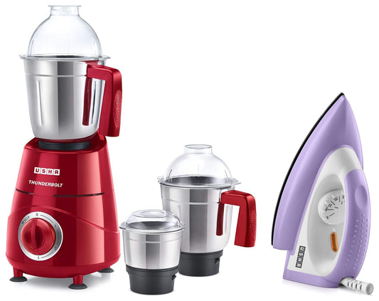 USHA Thunderbolt 800-Watt Copper Motor Mixer Grinder with 3 Jars and 5 Years Motor Warranty(Red) & USHA Armor AR1100WB 1100 W Dry Iron with Black Weilburger Soleplate (Purple)