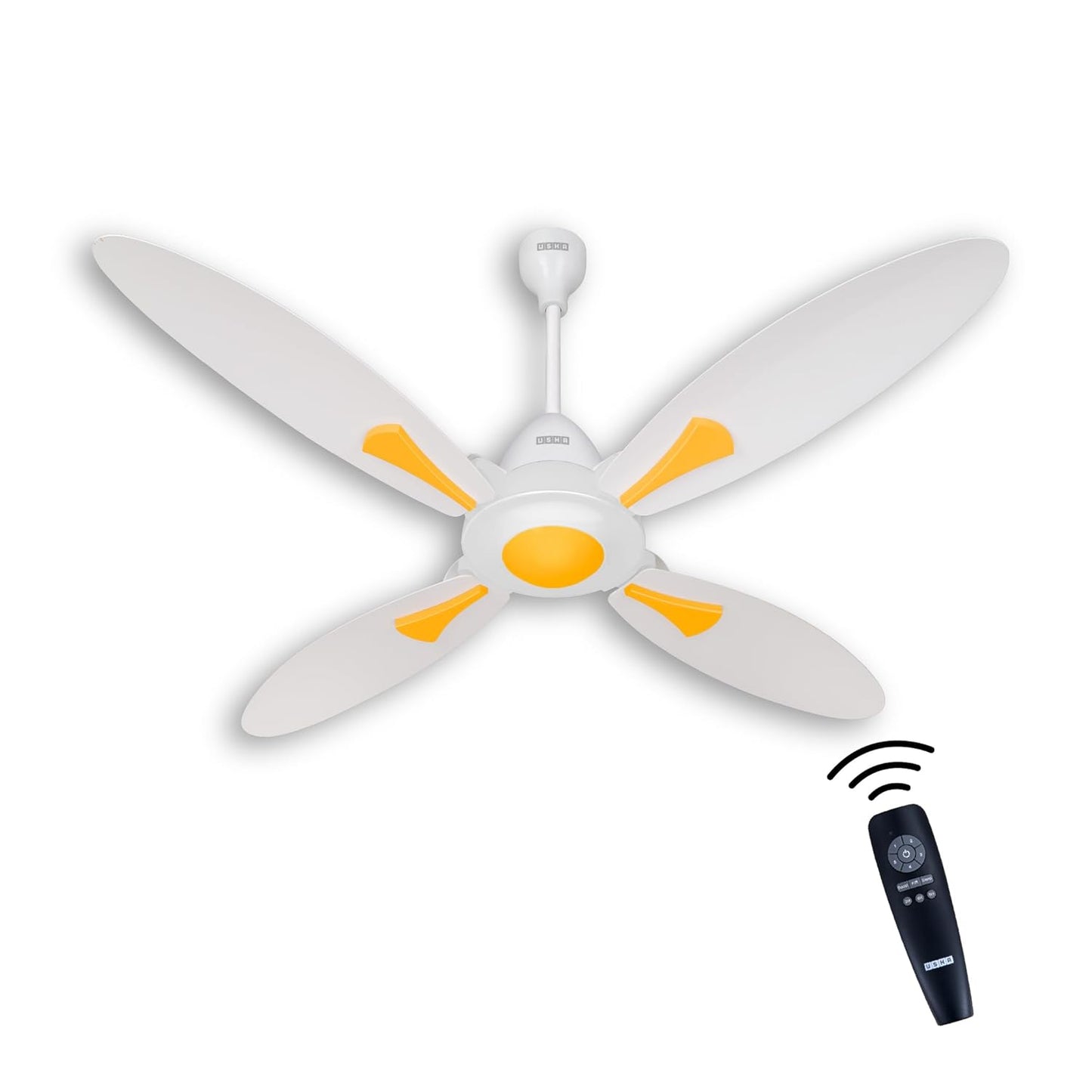 USHA New Bloom Series Dahlia (Inspired by Dahlia) 4-Blade BLDC Ceiling Fan with Bi-Directional Feature | Sleep/Boost/Timer Modes | RF Remote | Dust-Resistant | Whisper-Quiet (White & Saffron Yellow)