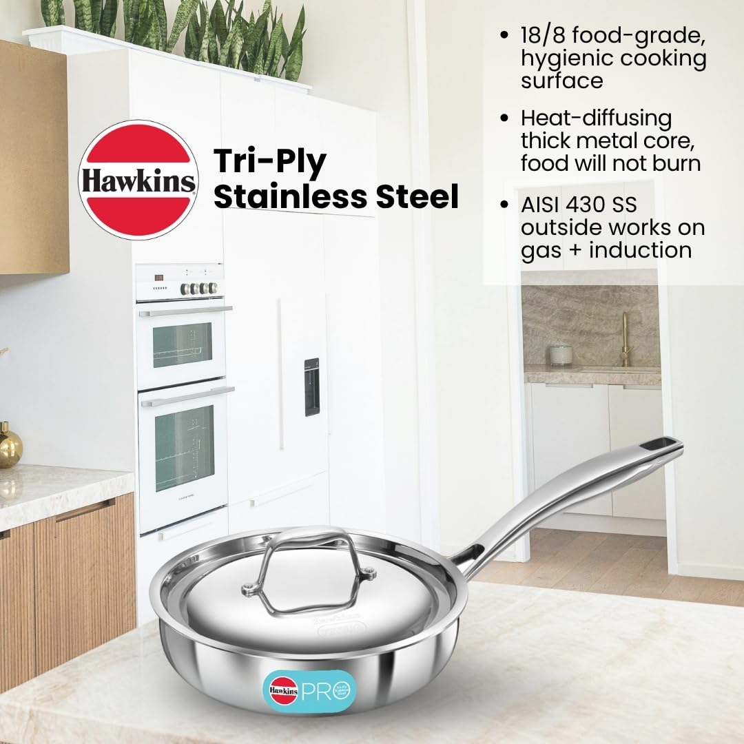 Hawkins Pro 18 cm Frying Pan, Triply Stainless Steel Fry Pan with Stainless Steel Handle and Stainless Steel Lid, Silver (PSF18S)