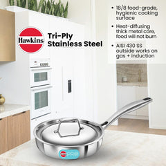Hawkins Pro 18 cm Frying Pan, Triply Stainless Steel Fry Pan with Stainless Steel Handle and Stainless Steel Lid, Silver (PSF18S)