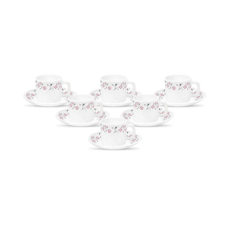 La Opala Diva, Opal Glass Crockery | Coffee Cup & Saucer Cylinder, Set of 12 | Grace Red, 120 ml | for Tea & Coffee | Microwave Safe | 100% Vegetarian | Extra Strong | Super Light | Super White