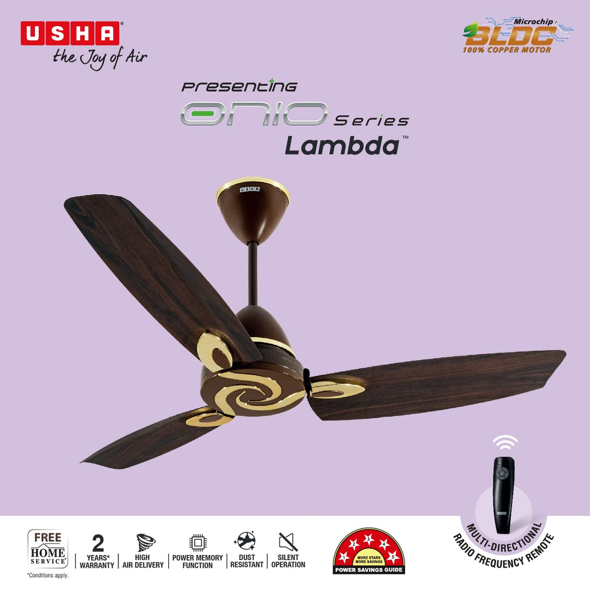 USHA Onio Lambda BLDC 1200 mm Ceiling Fan with Remote | 5 Star (Terra Brown)