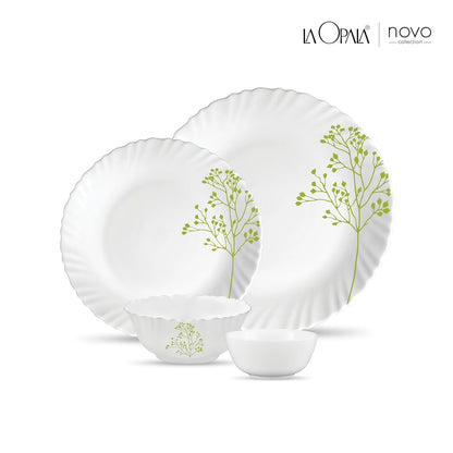 La Opala Novo Collection Opal Glass Crockery | for Family of 6 | Dinner Set 20 pcs Blissful Green | Plates & Bowls for Dining | Microwave Safe | 100% Vegetarian | Extra Strong | Light & White