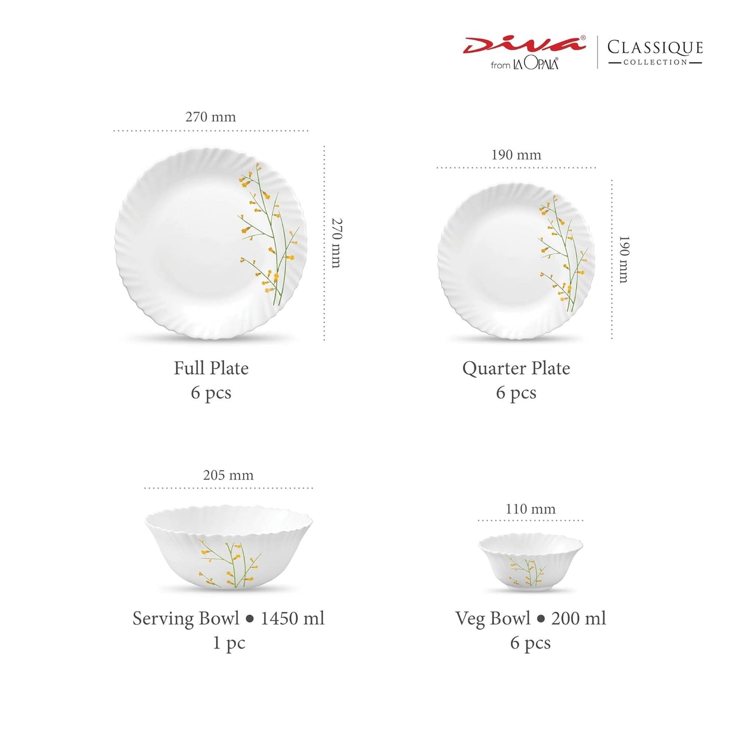 La Opala Diva Classique Collection Opal Glass Crockery | for Family of 6 | Dinner Set 19 pcs Citron Weave | Plates & Bowls for Dining | Microwave Safe | 100% Vegetarian | Extra Strong | White