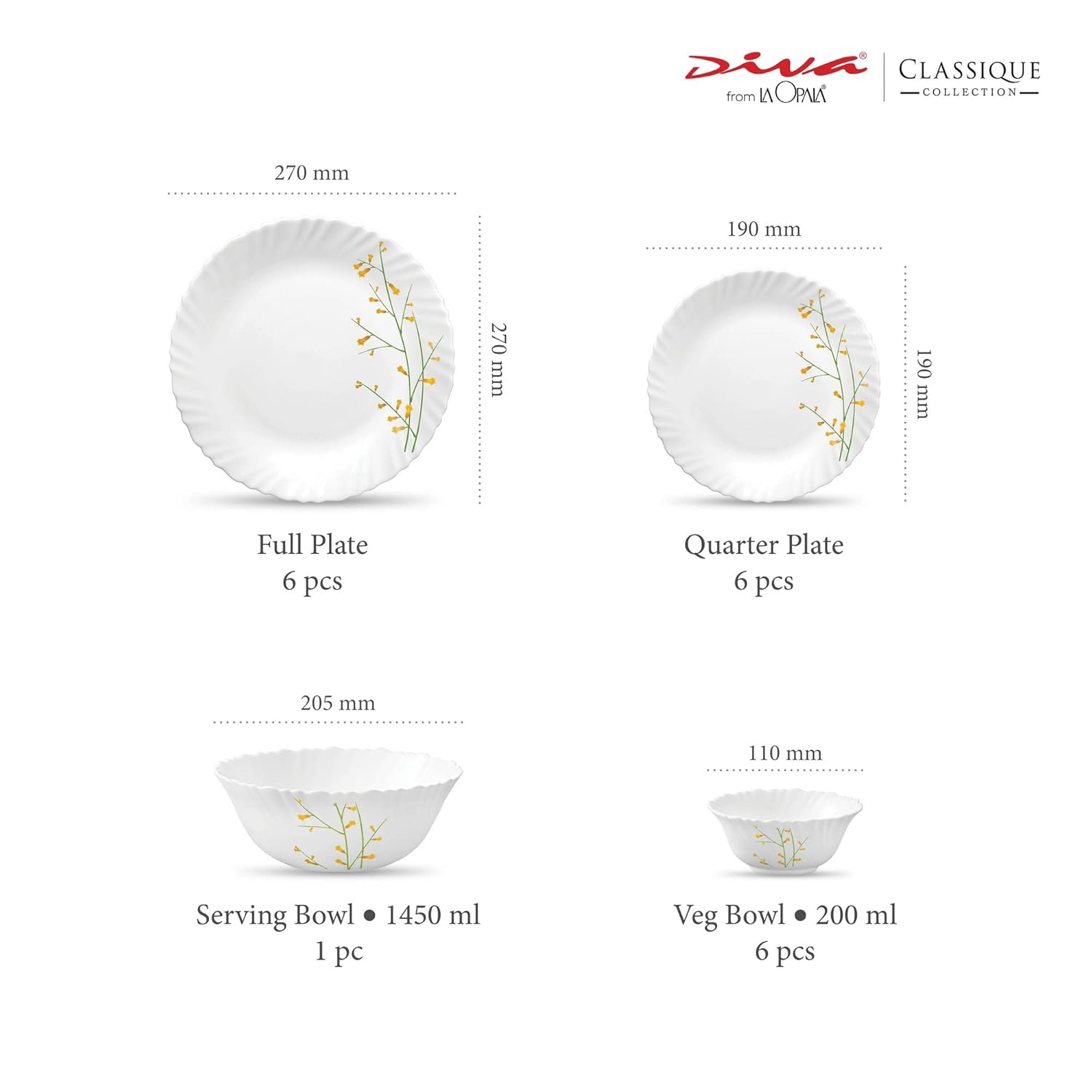 La Opala Diva Classique Collection Opal Glass Crockery | for Family of 6 | Dinner Set 19 pcs Citron Weave | Plates & Bowls for Dining | Microwave Safe | 100% Vegetarian | Extra Strong | White