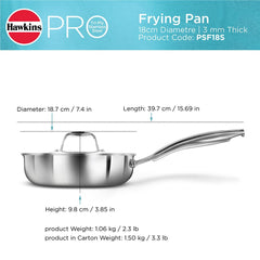 Hawkins Pro 18 cm Frying Pan, Triply Stainless Steel Fry Pan with Stainless Steel Handle and Stainless Steel Lid, Silver (PSF18S)