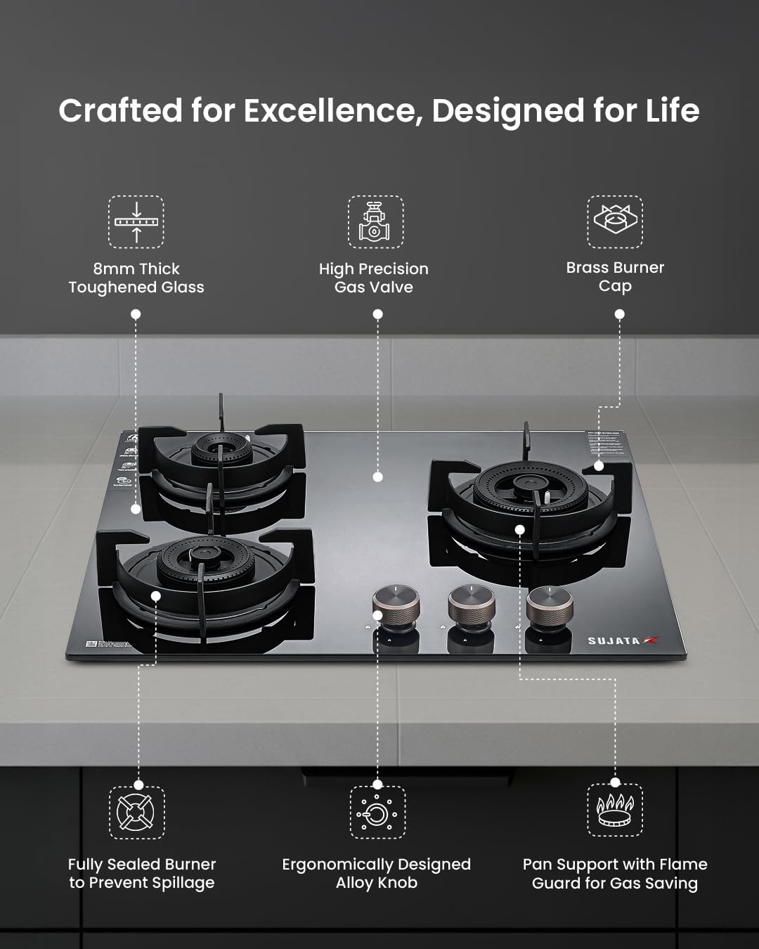 Sujata 3 Burner Gas Stove Glass Top | 5 Years Warranty | Auto Ignition Gas Stove 3 Burner, CookTop cum Hob Top 3 Burners, LPG & PNG Compatible, Brass Burner (Indium Auto Ignition - Black)