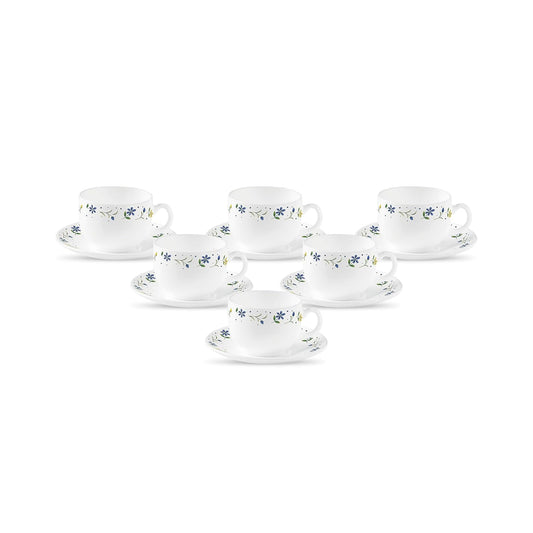 La Opala Diva, Opal Glass Crockery | Coffee Cup & Saucer Iris, Set of 12 | Twilight Bouquet, 100 ml | for Tea & Coffee | Microwave Safe | 100% Vegetarian | Extra Strong | Super Light | Super White