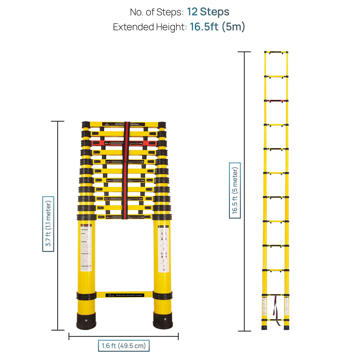 Corvids 5.0m (16.5 Feet) Portable & Compact Heavy-Duty FRP Telescopic Ladder with 12 Steps | Shockproof & Non-Conductive | Collapsible Multipurpose Ladder for Home, Industrial & Outdoor Use