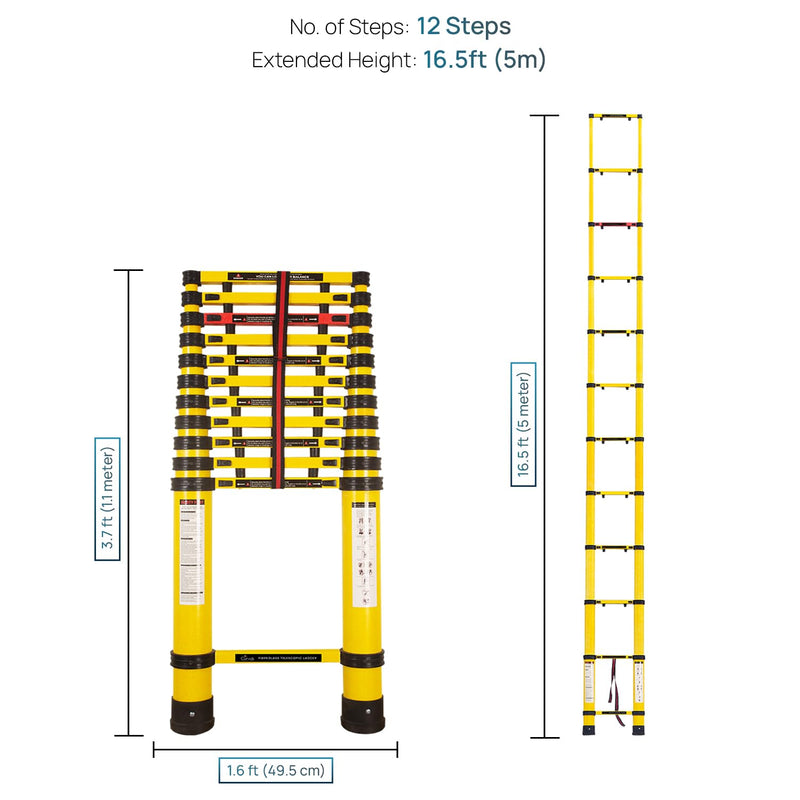 Corvids 5.0m (16.5 Feet) Portable & Compact Heavy-Duty FRP Telescopic Ladder with 12 Steps | Shockproof & Non-Conductive | Collapsible Multipurpose Ladder for Home, Industrial & Outdoor Use